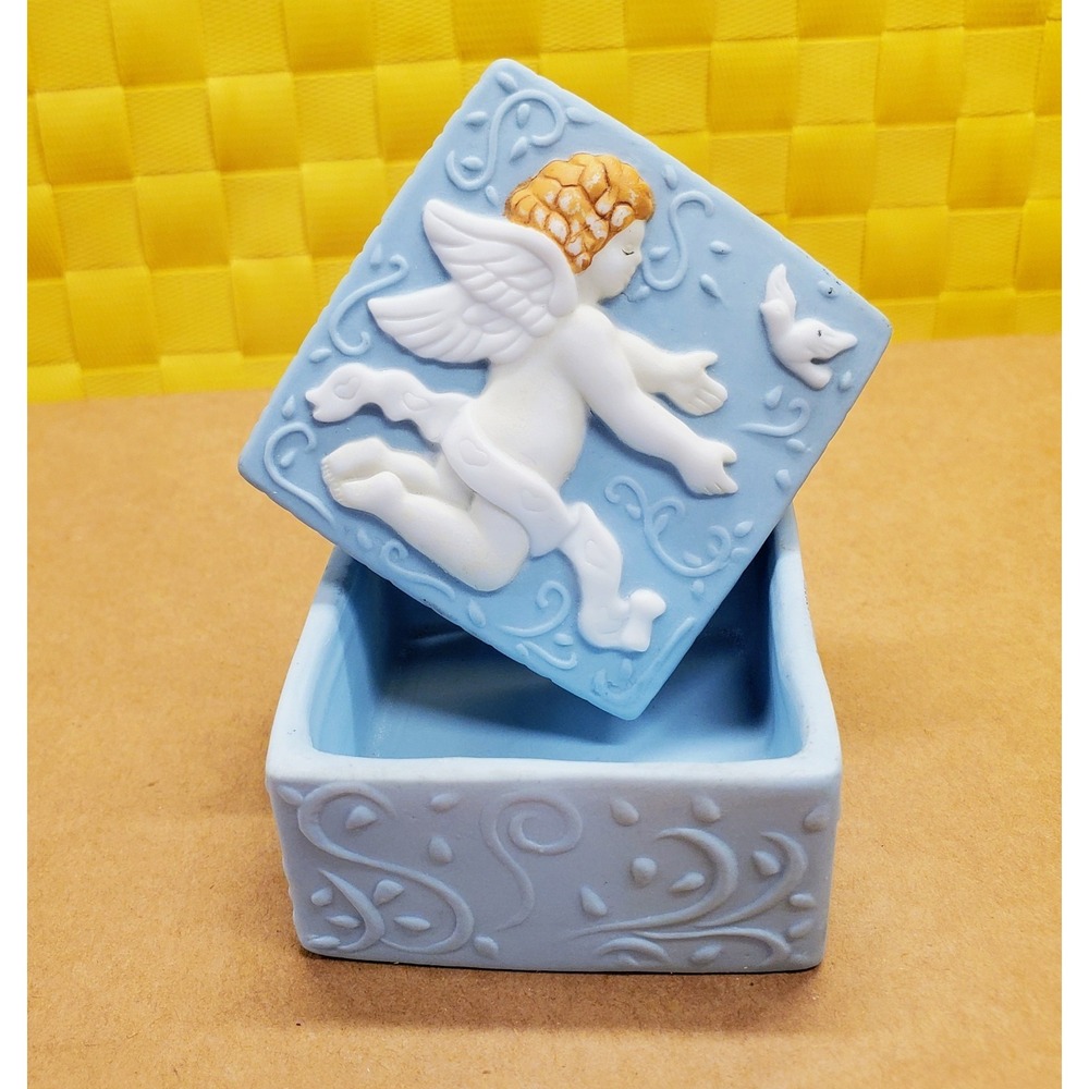 Vintage JCM Square Angel Trinket Box‎ Jasperware Blue Bisque Cherub in Relief